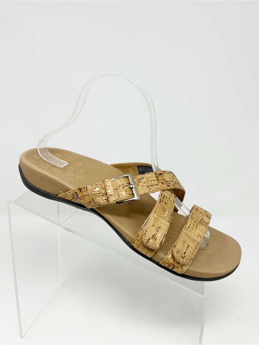 Vionic Skylar Slide Sandals Beige Cork Print Adjustable Orthotic Size 9 Wide